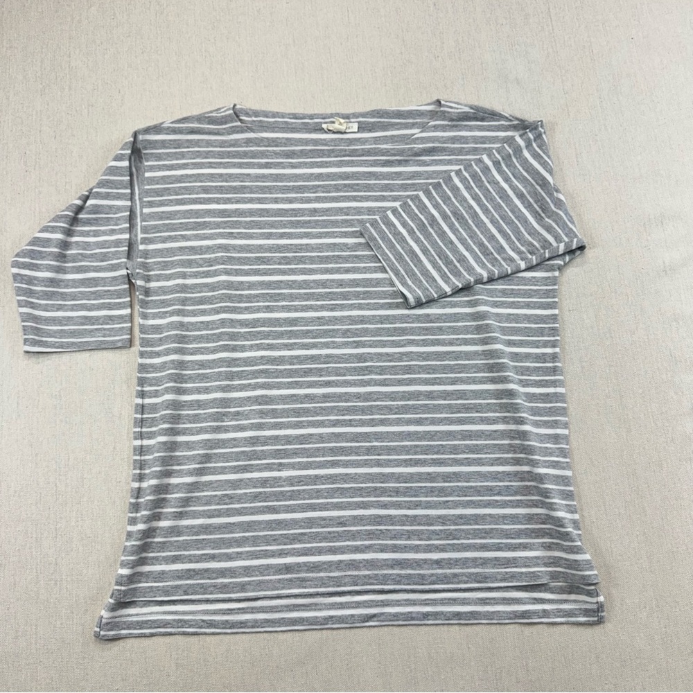 EILEEN FISHER Grey Strpd Boat Nck Tencel Top 3/4 Slvs 40 In Chest Sz S EXC